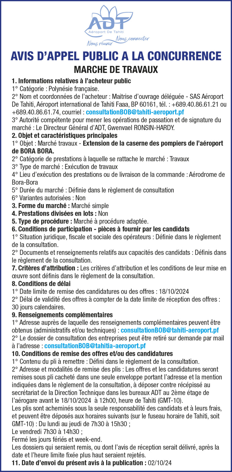 L’AÉROPORT DE TAHITI LANCE UN AVIS D'APPEL PUBLIC A LA CONCURRENCE: EXTENSION DE LA CASERNE DES POMPIERS DE L’AÉROPORT DE BORA-BORA