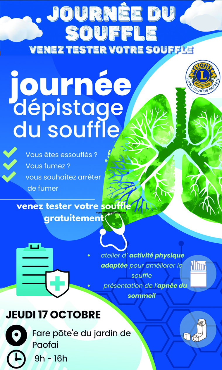 JOURNÉE DÉPISTAGE DU SOUFFLE LE JEUDI 17 OCTOBRE AU FARE POTE'E DU JARDIN DE PAOFAI - TOATA PAPEETE