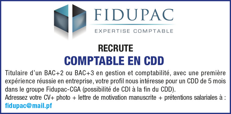 FIDUPAC RECRUTE UN(E) COMPTABLE EN CDD: TITULAIRE D'UN BAC +2 OU BAC+3 EN GESTION ET COMPTABILITÉ