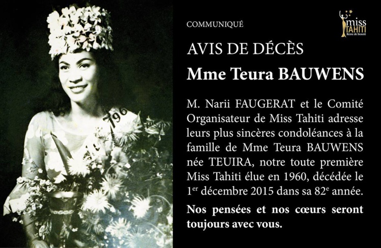Décès de Teura Bauwens, qui fut la toute première Miss Tahiti en 1960