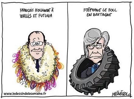 Pour le site ledessindelasemaine.fr, le dessinateur Ménégol met en parallèle François Hollande couronné de fleurs à Wallis et Futuna et Stéphane Le Foll, couronné lui d'un pneu ! Le ministre de l'Agriculture lui est en effet englué dans ses problèmes avec le monde paysan.