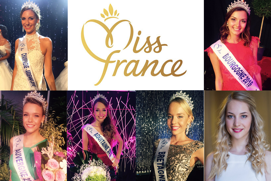 En haut - De gauche à droite : Miss Champagne-Ardenne Charlotte Patat et Miss Bourgogne Naomi Bailly. En bas – De gauche à droite : Miss Auvergne Océane Faure, Miss Aquitaine Axelle Bonnemaison, Miss Bretagne Maurane Bouazza et la 1re dauphine de Miss Centre-Val de Loire Cassandre Joris.