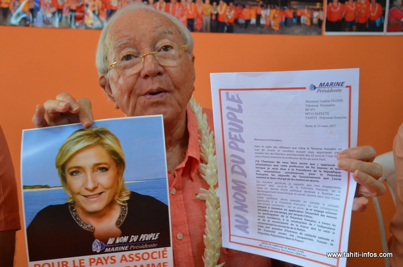 "Les comptes sont d’autant plus clairs que nous étions les seuls à soutenir Marine Le Pen", a souligné Gaston Flosse mardi, en se félicitant des 37 319 suffrages obtenus par la candidate d'extrême droite samedi en Polynésie française.