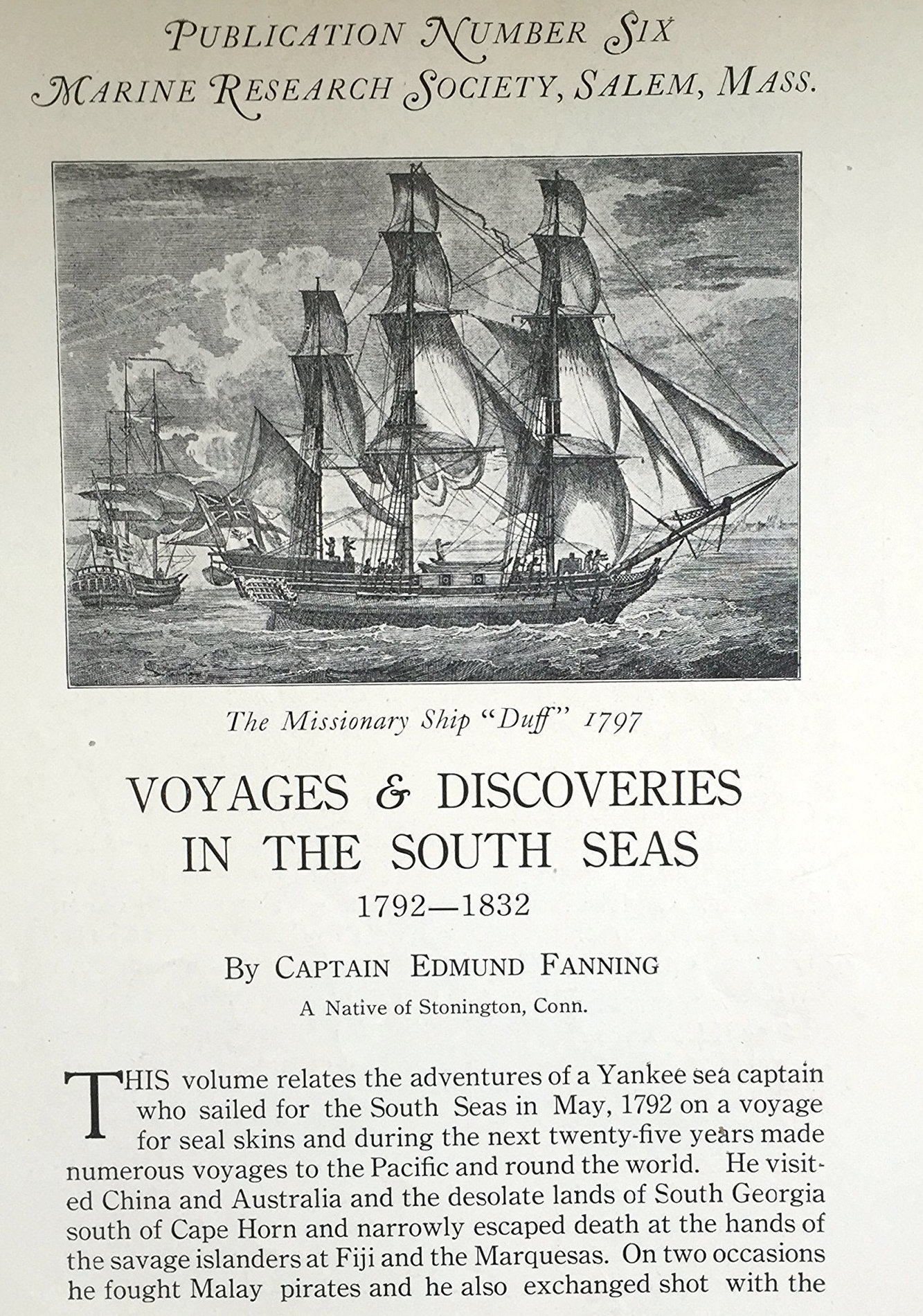 La première page du livre que Fanning consacra à ses aventures dans les Mers du Sud entre 1792 et 1832.