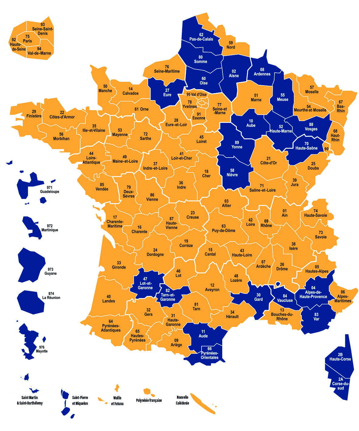 Carte de France représentant les départements et territoires d'Outre-mer où Emmanuel Macron (en jaune) et Marine Le Pen (en bleu) sont arrivés en tête.