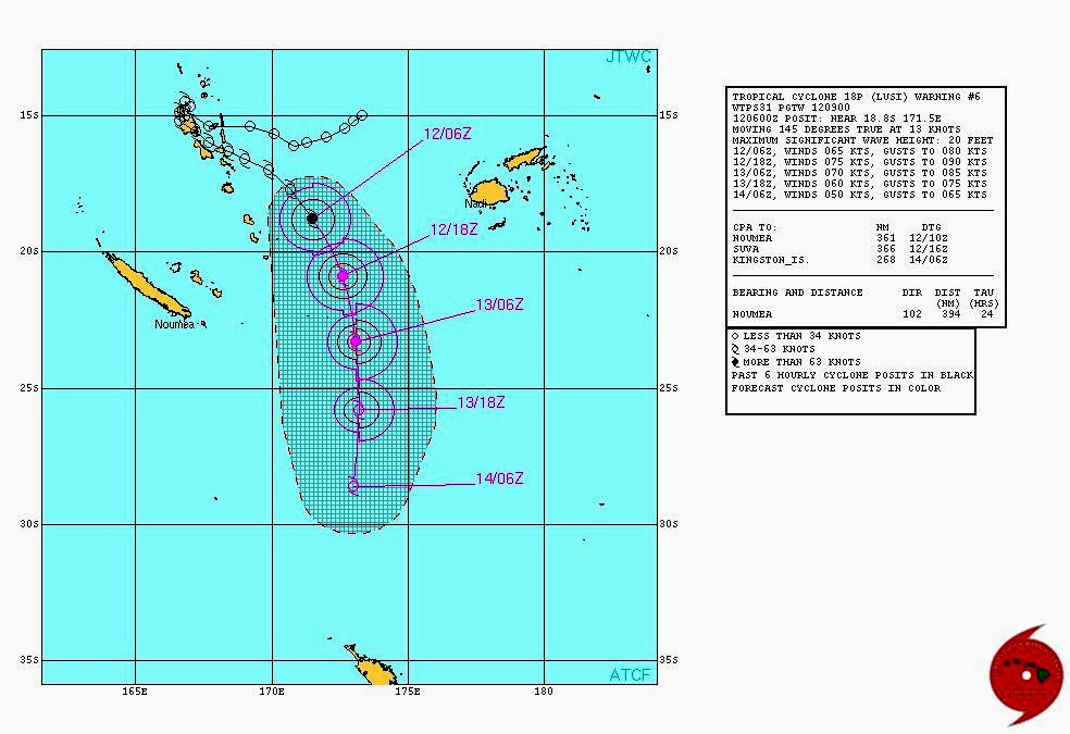 trajectoire observée et prévue du cyclone Lusi, établie le 12 mars 2014 à 09h00 GMT (Source : marine américaine / centre d’alerte aux cyclones -Joint Typhoon Warning Centre,