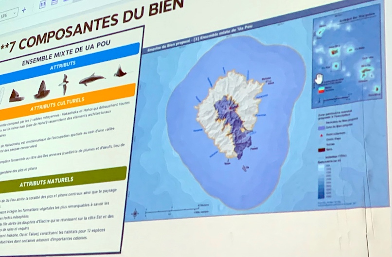 En bleu foncé, les zones de Ua Pou concernées par le classement au patrimoine mondial de l'Unesco.