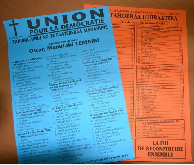 Les bulletins de vote UPLD et Tahoeraa Huiraatira, lors des territoriales des 23 avril et 5 mai 2013