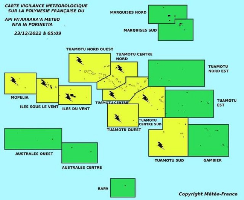 Vigilance jaune pour les orages sur la Société et les Tuamotu