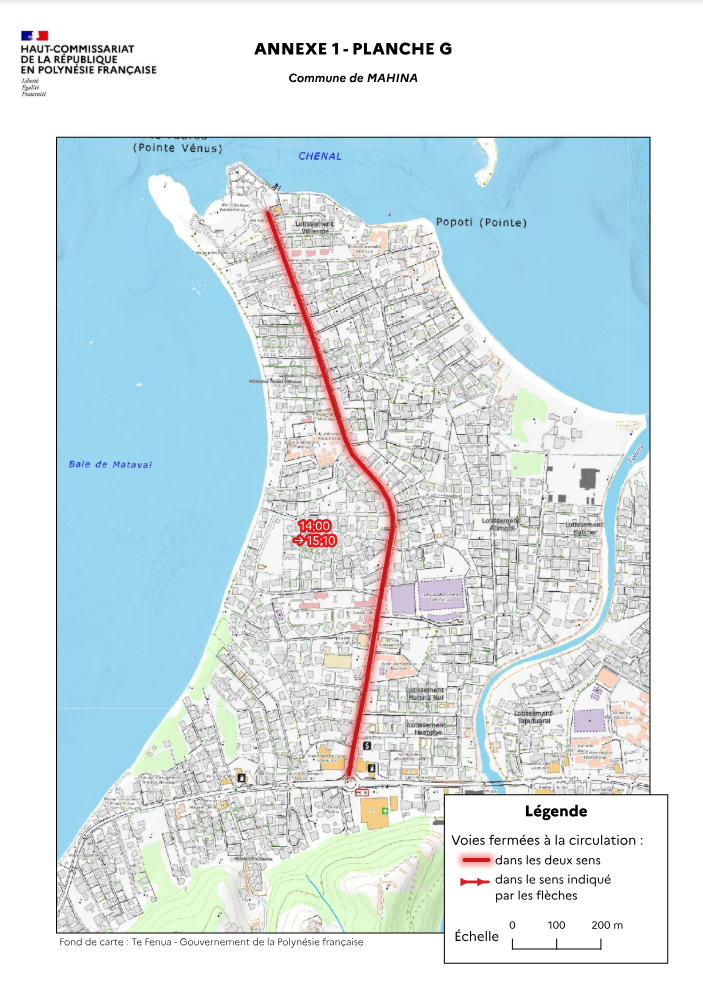 Interdiction de circulation et de stationnement de 14 heures à 15 h 10 à Mahina sur la zone rouge.  Crédit : Haut-Commissariat