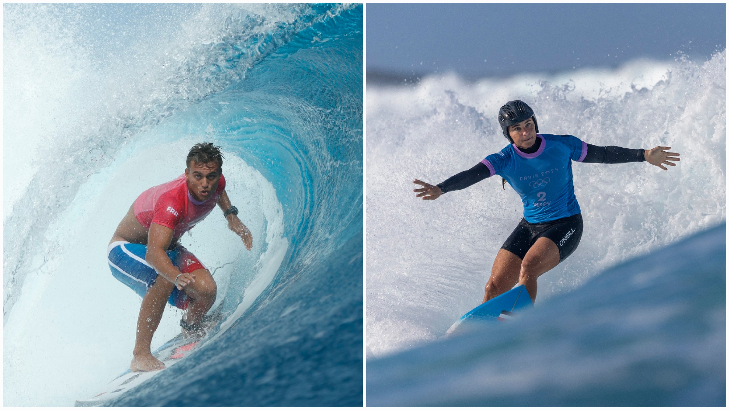 Les deux surfeurs de l'équipe de France se sont qualifiés pour les demi-finales des Jeux olympiques, ce jeudi, à Teahupo'o (Crédit : AFP/Ben Thouard/Ed Sloane).