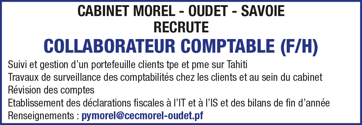 LE CABINET D'EXPERTISE COMPTABLE MOREL & OUDET RECRUTE UN COLLABORATEUR COMPTABLE (F/H)