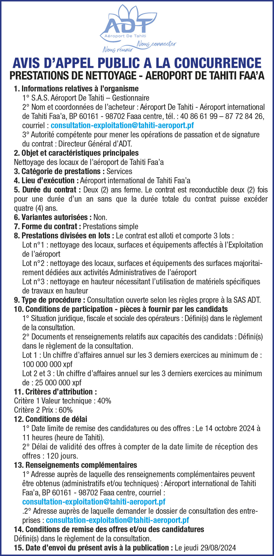 AVIS D'APPEL PUBLIC A LA CONCCURENCE - PRESTATIONS DE NETTOYAGE - AEROPORT TAHITI FAA'A