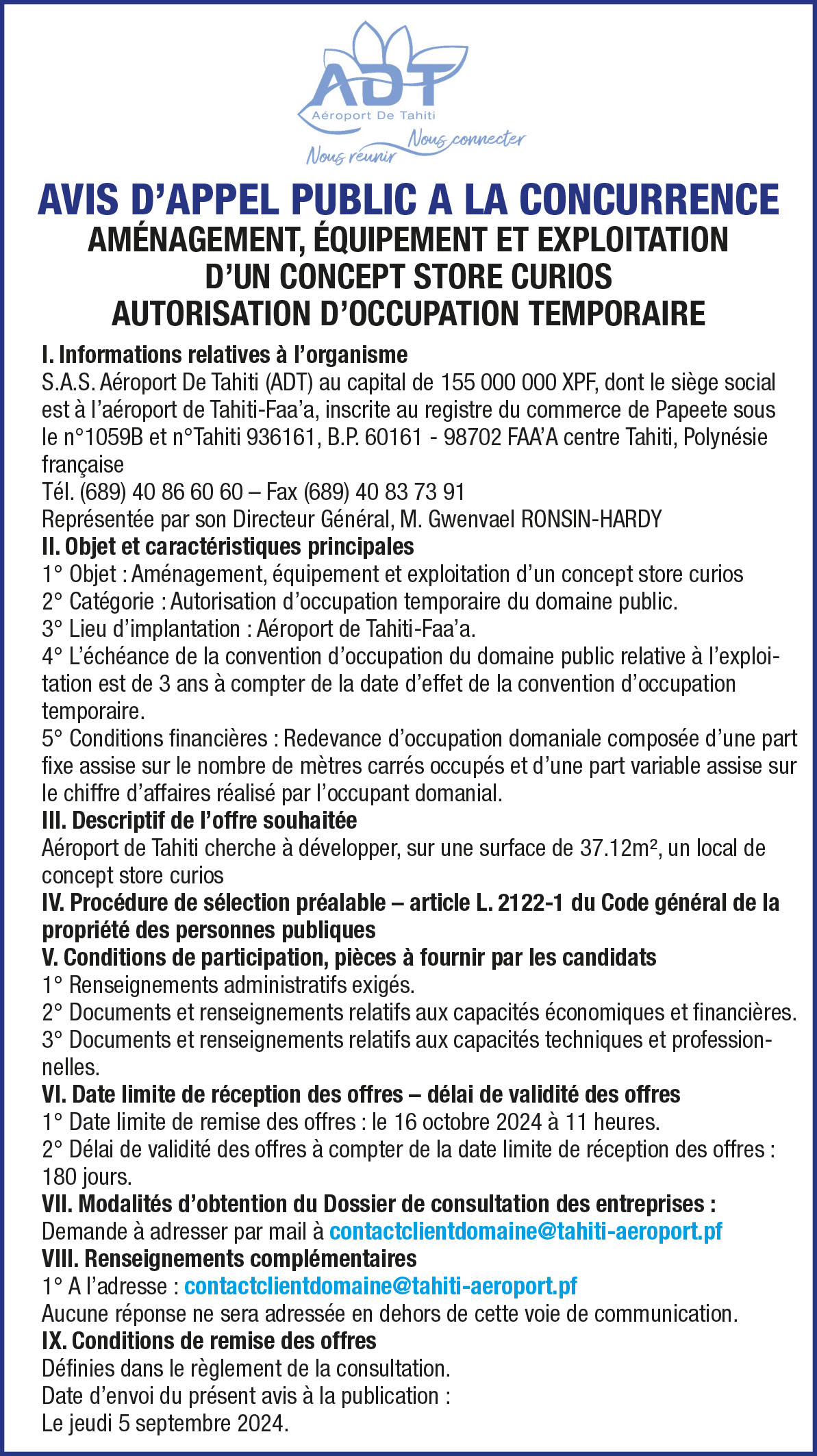 L’AÉROPORT DE TAHITI LANCE UN AVIS D'APPEL PUBLIC A LA CONCURRENCE: AMÉNAGEMENT, ÉQUIPEMENT ET EXPLOITATION D'UN CONCEPT STORE CURIOS