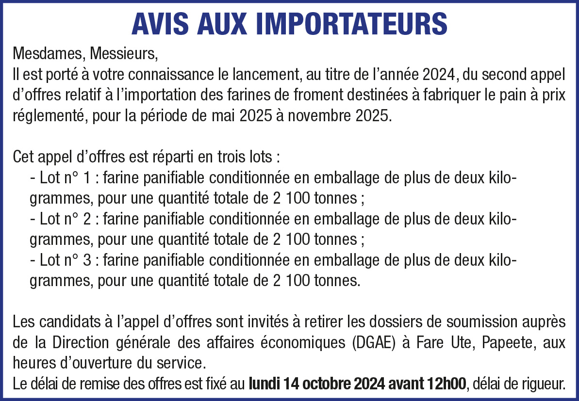 LA DIRECTION GÉNÉRAL DES AFFAIRES ECONOMIQUES INFORME DU LANCEMENT DU SECOND APPEL D'OFFRES: IMPORTATION DES FARINES DE FROMENT