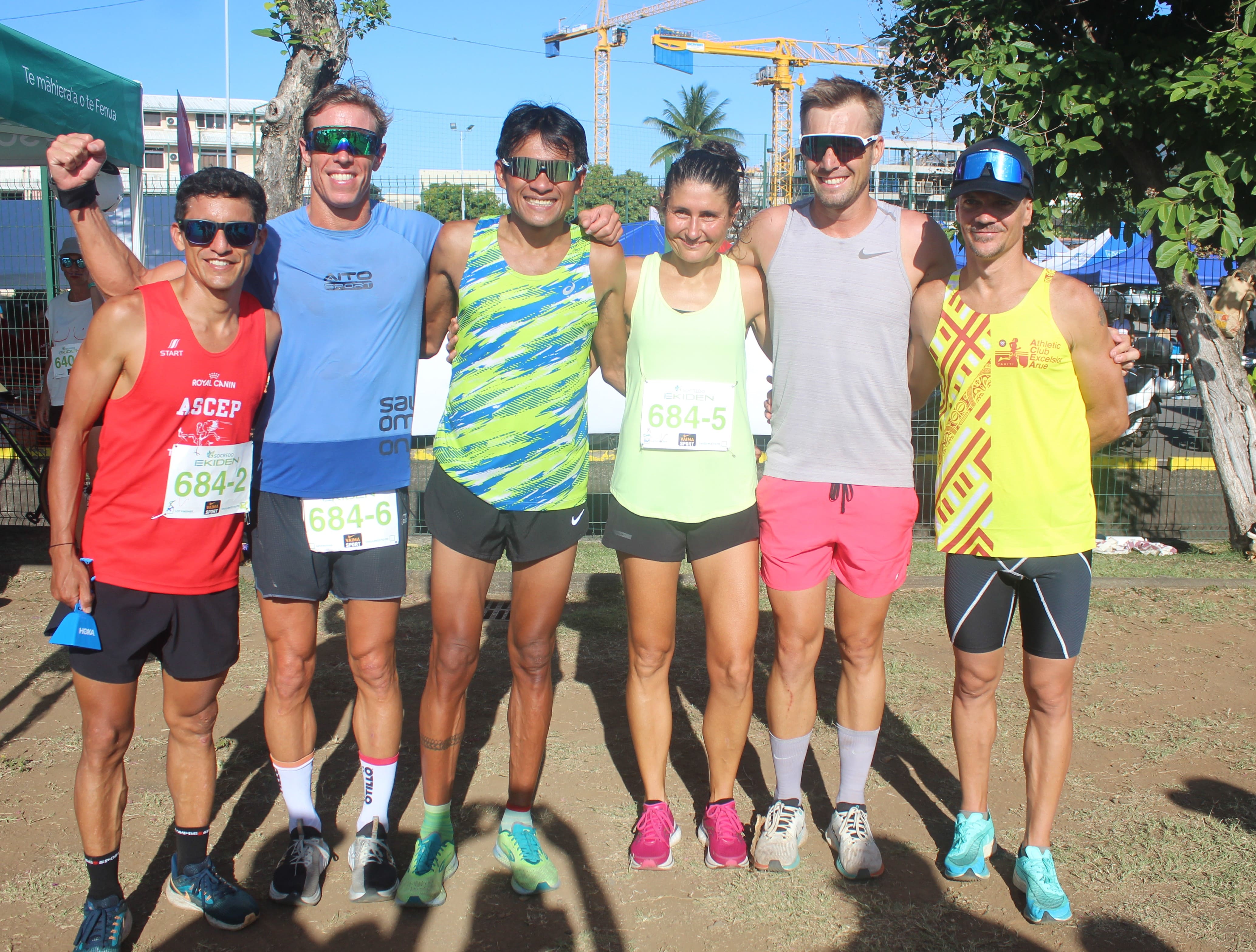 L’équipe qui a ouvert le palmarès du marathon Ekiden Socredo avec, de gauche à droite : Delbi Villa Gongora, Thomas Lubin, Tutea Degage, Guenaelle Rauby, Benjamin Zorgnotti et Teva Poulain.