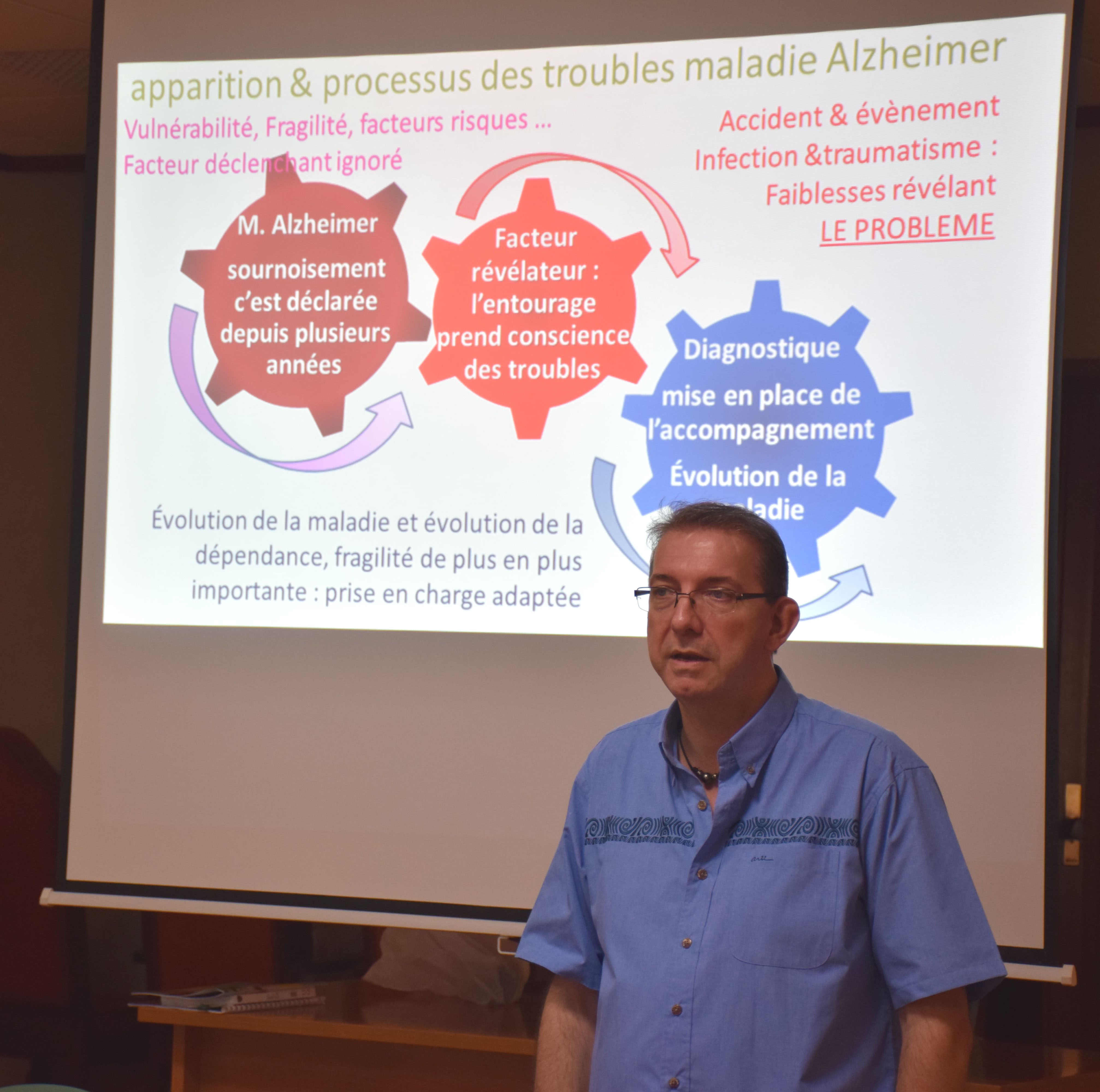 Frédéric Hibelot, formateur-consultant en géronto-proximologie à Nouméa s’intéressent à la maladie, au malade mais aussi à l’entourage. Crédit : Association Alzheimer Polynésie.