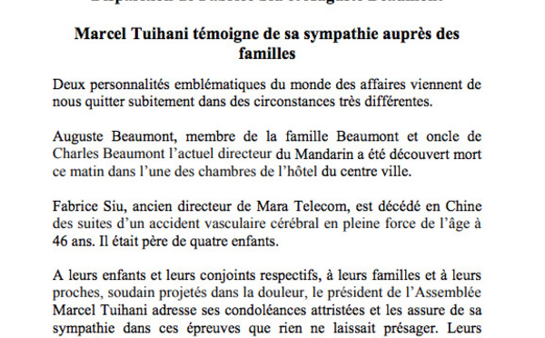 Disparition de Fabrice Siu et Auguste Beaumont: Marcel Tuihani témoigne de sa sympathie auprès des familles