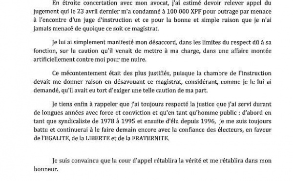 Condamné à 100 000 F d'amende, Hirohiti TEFAARERE fait appel