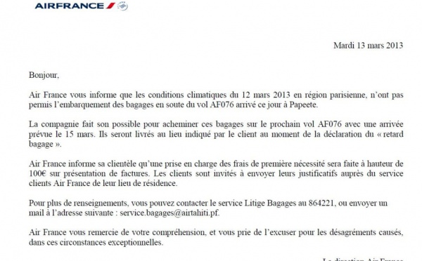 Communiqué de Air France : Un retard pour les bagages du vol AF076 