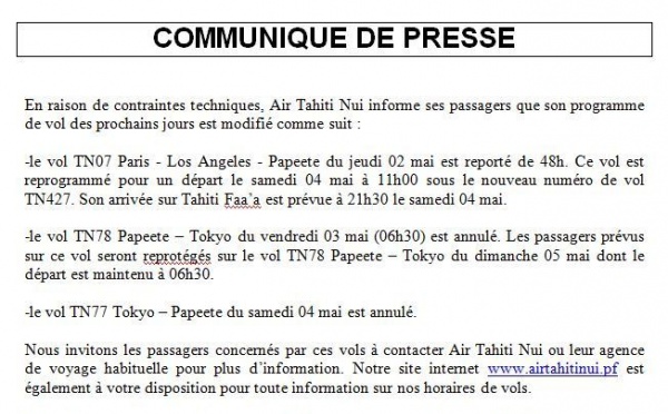 Air Tahiti Nui modifie ses horaires de vol en raison d'un problème technique