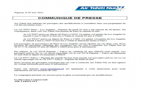 Modification des vols AIR TAHITI NUI