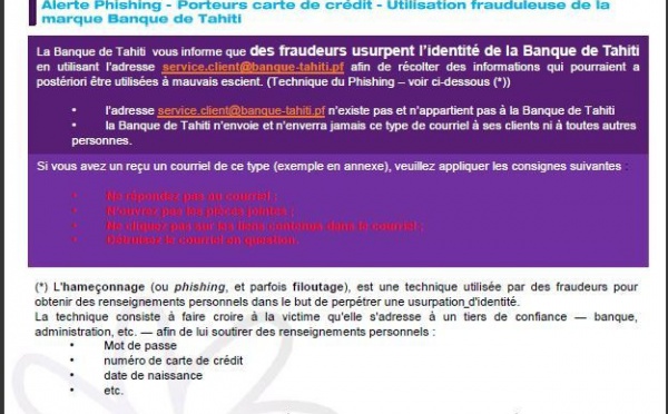 Banque de Tahiti: Alerte phishing aux utilisateurs d'Internet