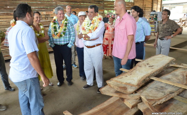 Edouard Fritch visite la scierie de Papara