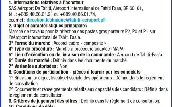 L’AÉROPORT DE TAHITI LANCE UN AVIS D'APPEL PUBLIC A LA CONCURRENCE: MARCHE DE TRAVAUX POUR LA RÉFECTION DES POSTES GROS PORTEURS P2, P0 ET P1.