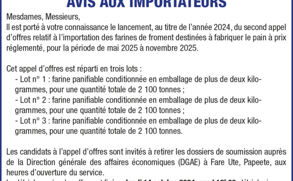 LA DIRECTION GÉNÉRAL DES AFFAIRES ECONOMIQUES INFORME DU LANCEMENT DU SECOND APPEL D'OFFRES: IMPORTATION DES FARINES DE FROMENT