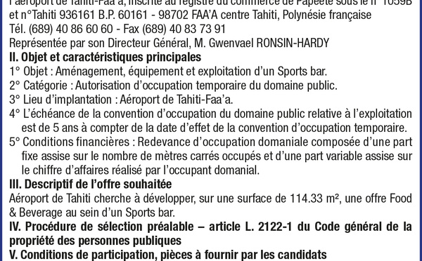 L’AÉROPORT DE TAHITI LANCE UN AVIS D’APPEL PUBLIC A LA CONCURRENCE: AMÉNAGEMENT, ÉQUIPEMENT ET EXPLOITATION D'UN SPORTS BAR