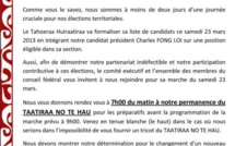 Communiqué: le Taatira No te Hau participera à la marche du Taoheraa Huiraatira