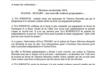 Communiqué de A Tia Porinetia : Élections territoriales 2013, FLOSSE –TEMARU : une nouvelle trahison programmée…