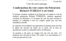 Mariage pour tous: le sénateur PS Richard Tuheiava a voté "contre"