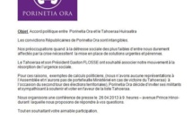 Communiqué de Porinetia ora: "Accord politique entre  Porinetia Ora et le Tahoeraa Huiraatira"