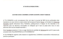 Communiqué de A Tia Porinetia: "Gaston Flosse confirme la porte ouverte à Rony Tumahai"