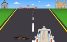Au volant de la papamobile, le pape héros du jeu vidéo "Papa Road"
