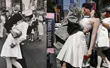 USA: Des centaines de couples recréent le célèbre baiser de Times Square.