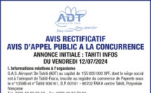 AÉROPORT DE TAHITI - AVIS RECTIFICATIF SUR L'AVIS D'APPEL PUBLIC À LA CONCURRENCE CONCERNANT L'AMÉNAGEMENT, ÉQUIPEMENT ET EXPLOITATION D’UN SPORTS BAR