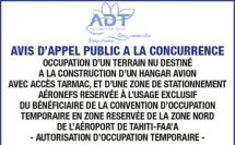 L’AÉROPORT DE TAHITI LANCE UN AVIS D'APPEL PUBLIC A LA CONCURRENCE: OCCUPATION D'UN TERRAIN NU DESTINÉ A LA CONSTRUCTION D'UN HANGAR AVION